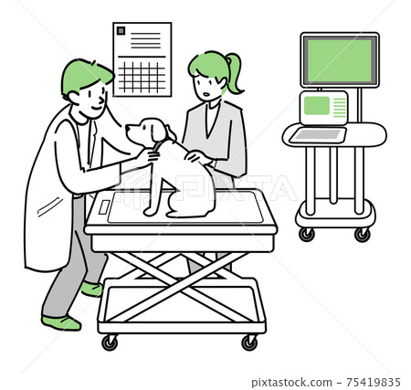 Two people who treat a large dog at a veterinary hospital Two people who treat a large dog at a veterinary hospital 75419835