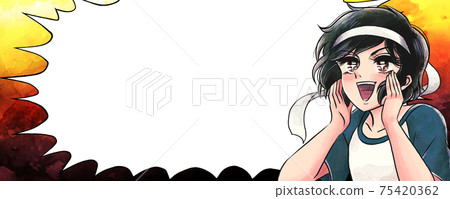 Showa spokon cartoon style, student cheering with a smile, balloon banner 75420362