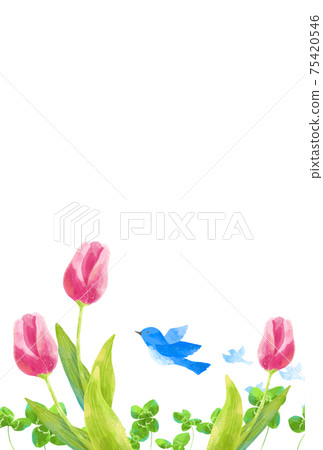 Blue bird and tulip and clover frame carrying happiness with a gentle touch Blue bird and tulip and clover frame carrying happiness with a gentle touch 75420546