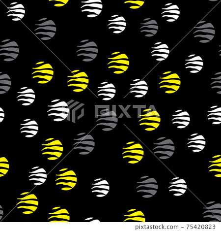 White, yellow and gray circles with textures on a black background. Seamless pattern. Vector design for fabric, packaging, paper White, yellow and gray circles with textures on a black background. Seamless pattern. Vector design for fabric, packaging, paper 75420823