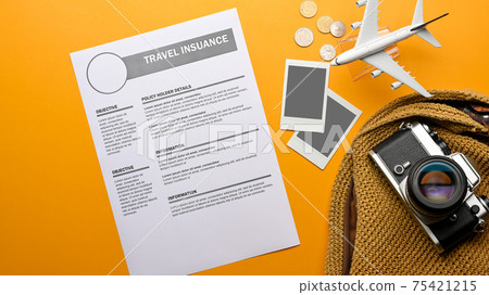 Travel concept, creative flat lay photo of travel insurance form, camera, photo card frame and airplane model 75421215