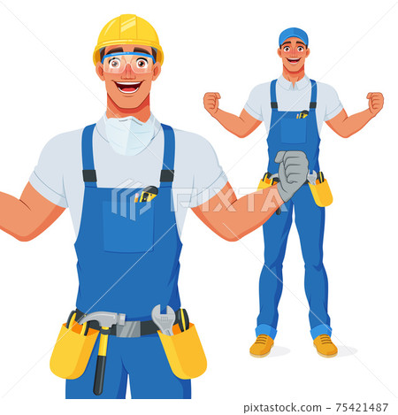 Excited handyman in hard hat and protective eyewear celebrating success with raised arms. Cartoon vector character. Excited handyman in hard hat and protective eyewear celebrating success with raised arms. Cartoon vector character. 75421487
