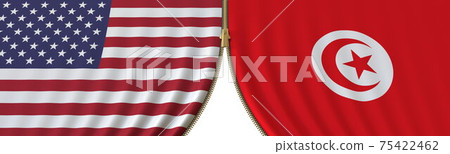 Flags of United States and Tunisia and closing or opening zipper between them. Political negotiations or interaction conceptual 3D rendering Flags of United States and Tunisia and closing or opening zipper between them. Political negotiations or interaction conceptual 3D rendering 75422462