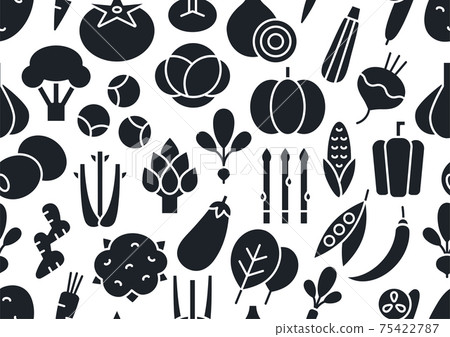 Vector seamless pattern, endless texture with vegetables. Black silhouette isolated on a white background. Fill solid icon, glyph. Healthy food and vitamins Vector seamless pattern, endless texture with vegetables. Black silhouette isolated on a white background. Fill solid icon, glyph. Healthy food and vitamins 75422787