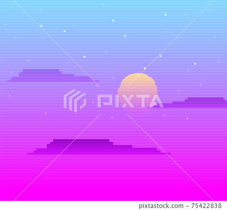 Neon linear sky with clouds retro background. Blue pixel space with purple air shapes and moon old night. 75422838