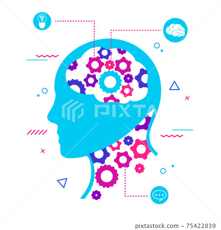 Process thinking and generating ideas. Rotating gear head creative inspiration with intelligent project generation. 75422839