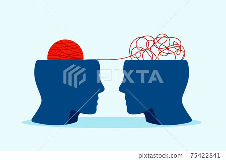 Confused mind and thoughts clipart. Red ball stress in blue human head mental depression. 75422841
