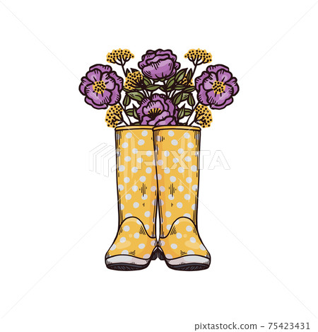 Fashion spring or autumn wellies with flowers a vector hand drawn illustration Fashion spring or autumn wellies with flowers a vector hand drawn illustration 75423431