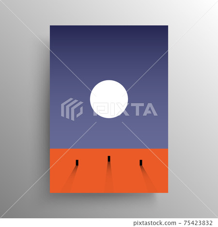 Minimalist abstract flat design for cover and poster or wall decoration, vector. Sun in the sky of the red planet with mysterious black squares on the horizon for interior design. 75423832