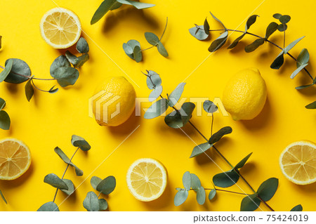 Beautiful eucalyptus branches and lemons on yellow background 75424019