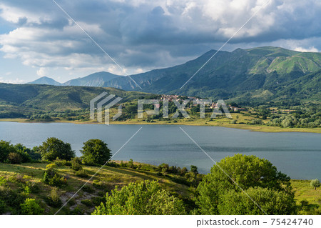 Lake of Campotosto in Abruzzo, Italy, province of L'Aquila 75424740