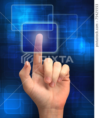 businessman hand pressing a button on a touch screen interface businessman hand pressing a button on a touch screen interface 75425553