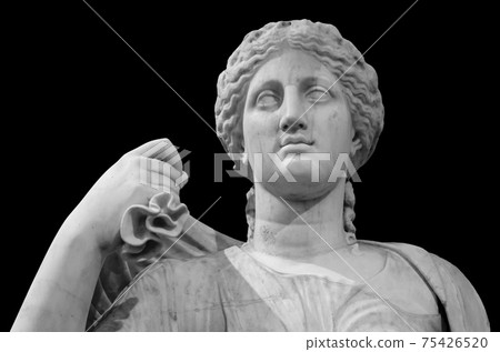Ancient white marble sculpture bust of Hygieia. Goddess of good health, cleanliness, and sanitation. Statue of woman isolated on black Ancient white marble sculpture bust of Hygieia. Goddess of good health, cleanliness, and sanitation. Statue of woman isolated on black 75426520
