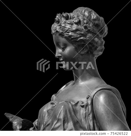 Ancient white marble sculpture head of young woman. Statue of sensual renaissance art era woman antique style. Face isolated on black background Ancient white marble sculpture head of young woman. Statue of sensual renaissance art era woman antique style. Face isolated on black background 75426522