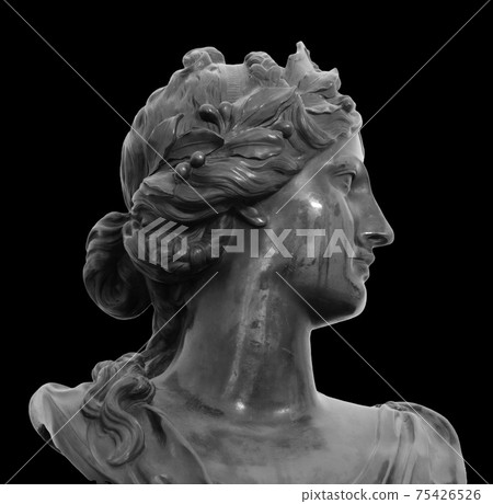Ancient white marble sculpture head of young woman. Statue of sensual renaissance art era woman antique style. Face isolated on black background Ancient white marble sculpture head of young woman. Statue of sensual renaissance art era woman antique style. Face isolated on black background 75426526