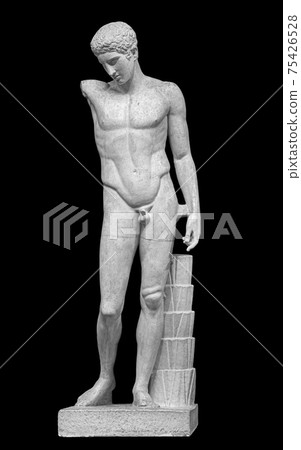 Ancient white marble full length sculpture of naked young man. Antique classic statue of youngster isolated on black. Stone figure of teenager Ancient white marble full length sculpture of naked young man. Antique classic statue of youngster isolated on black. Stone figure of teenager 75426528