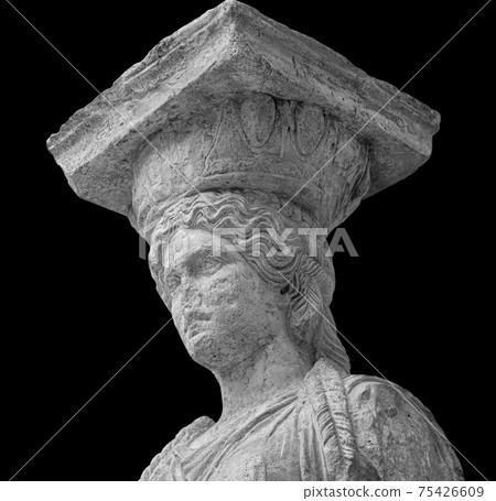 Marble column Caryatid isolated on a black background. Ancient greek stone sculpture Marble column Caryatid isolated on a black background. Ancient greek stone sculpture 75426609