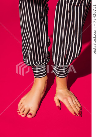 Bright fashionable hand and leg working up daily things together. Modern artwork, contemporary art 75426711