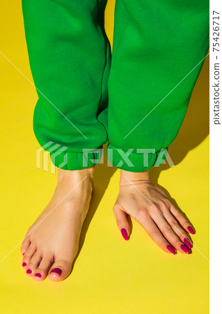 Bright fashionable hand and leg working up daily things together. Modern artwork, contemporary art Bright fashionable hand and leg working up daily things together. Modern artwork, contemporary art 75426717