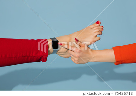 Bright fashionable hand and leg working up daily things together. Modern artwork, contemporary art 75426718