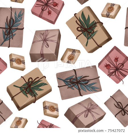 seamless pattern of gift boxes with bows and floral decoration. hand drawn illustration of presents in crafting paper. neutral colors 75427072