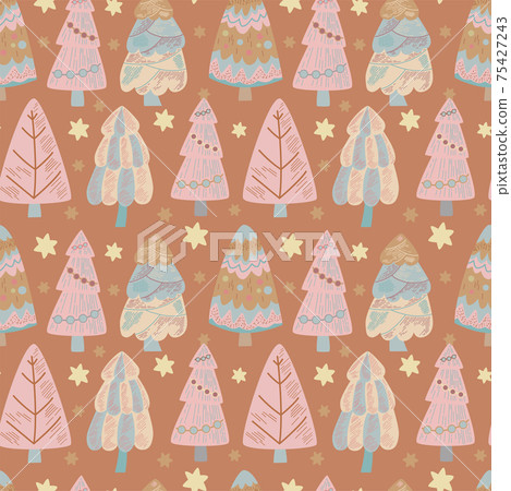 Vector illustration of a multicolored christmas tree on a terracotta background. 75427243