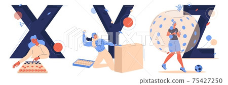 Letter x for xiangqi, Y for yukigassen and Z for zorbing. Sport capital characters isolated on white. Woman training and playing games 75427250