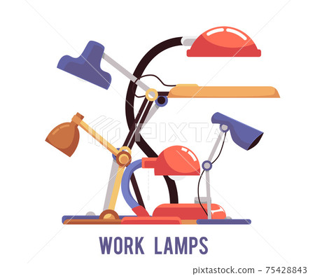 Set of colored adjustable work electric desk lamps a vector illustration Set of colored adjustable work electric desk lamps a vector illustration 75428843
