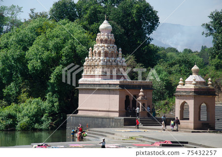Temples on Krishna Ghat, located behind the Phadnis Wada, Menavali, Wai, Maharashtra, India 75432257