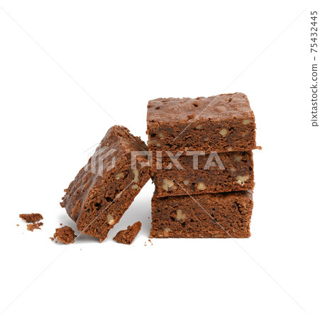 stack of baked chocolate brownie pieces with walnut isolated on white background stack of baked chocolate brownie pieces with walnut isolated on white background 75432445