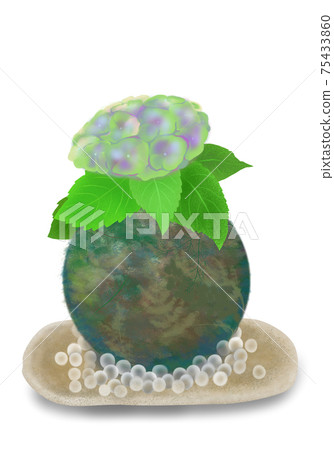 Cool decoration of glass balls on a green hydrangea moss ball / pottery plate 75433860