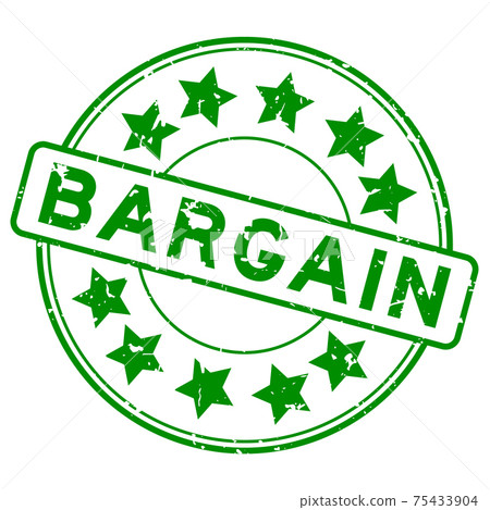 Grunge green bargain word with star icon round rubber seal stamp on white background 75433904