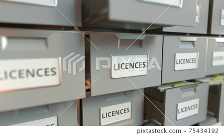 LICENCES text on the drawers of a file cabinet, 3d rendering 75434192