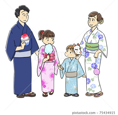 一個穿著浴衣來到夏季節日的家庭 插圖素材 圖庫