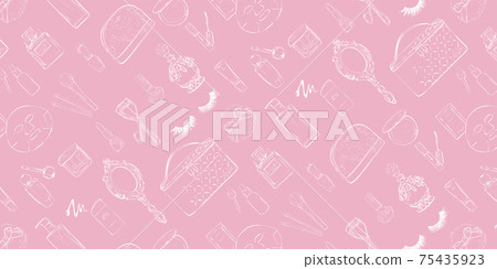 Handwritten line art of makeup items and cosmetics. No paint. Vector seamless pattern. 75435923
