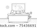 Line art drawing of family  watching TV daily news program sitting on the sofa at home in room. 75436691