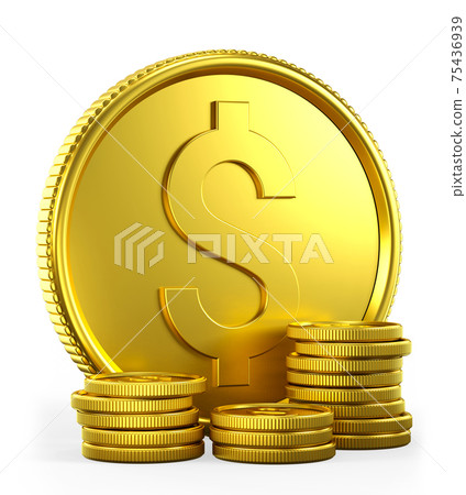 3D illustration of stack of coins and huge gold dollar. Financial investment and savings concept. 75436939