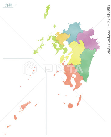 日本九州的彩色水彩地圖 75436985