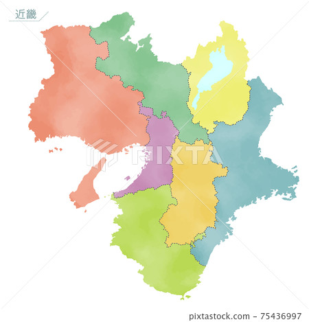 Colorful watercolor map of Japan Kinki region 75436997