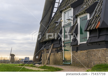 The Green Door of Windmill in Scenic Kinderdijk area of ponds, fields and windmills 75437739