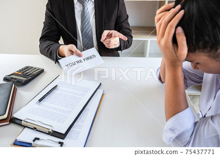 Business boss sending you're fired letter or final remuneration to layoff employee in order to contract for quit or changing of job leaving from job 75437771