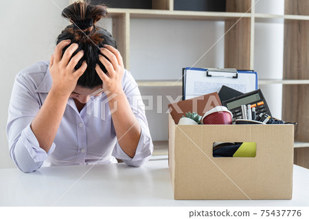 Stress of business woman employee intend to sending resignation letter to boss employer consider in order to contract for quit or layoff of job leaving from work, resignation concept Stress of business woman employee intend to sending resignation letter to boss employer consider in order to contract for quit or layoff of job leaving from work, resignation concept 75437776
