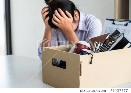 Stress of business woman employee intend to sending resignation letter to boss employer consider in order to contract for quit or layoff of job leaving from work, resignation concept 75437777