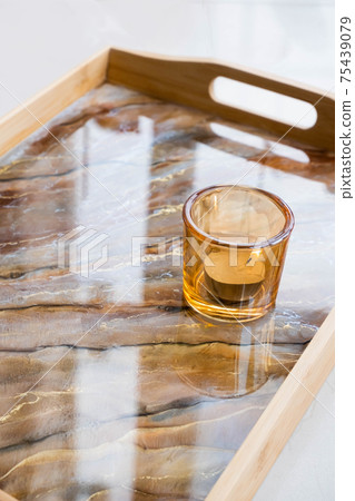 Handmade wood serving tray decorated with marble effect. Epoxy resin art decor. Background for DIY master class. Fluid art or acrylic decorative tray. Candle in glass candlestick. Gift for mother  75439079