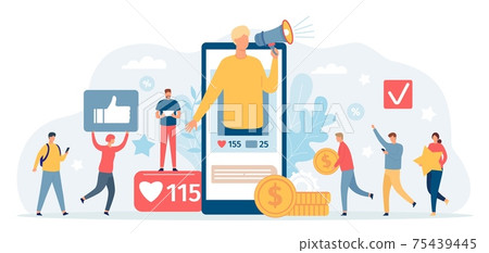 Referral program. Man with megaphone on phone screen invite friends and get money. Social media marketing, loyalty programs vector concept Referral program. Man with megaphone on phone screen invite friends and get money. Social media marketing, loyalty programs vector concept 75439445