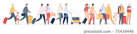 Tourists group with suitcases. Traveling families crowd with luggage in airport queue. People in masks in tour. Safe vacation vector concept 75439446