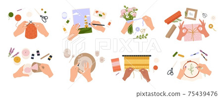 Hands create crafts. Handmade hobbies, creative work and art. People knit, draw, embroider, make candles and bouquets, top view vector set 75439476