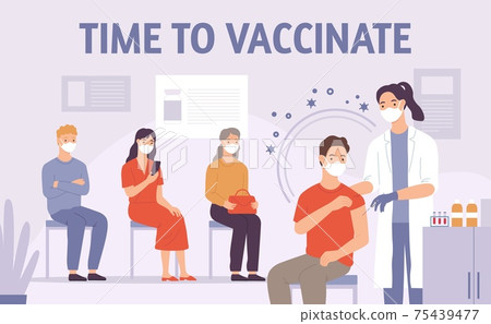Doctor vaccinate people. Patient gets vaccine shot in hospital. Medicine for immunization. Covid-19, flu or virus prevention vector concept Doctor vaccinate people. Patient gets vaccine shot in hospital. Medicine for immunization. Covid-19, flu or virus prevention vector concept 75439477