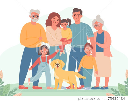 Big family. Happy parents, children, grandma and grandpa. Smiling dad, mom, kids and dog. Three generation standing together vector portrait Big family. Happy parents, children, grandma and grandpa. Smiling dad, mom, kids and dog. Three generation standing together vector portrait 75439484