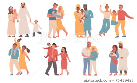 Families of different nationalities. Parents and children wearing traditional clothes. Arabic, african, indian and chinese family vector set 75439485